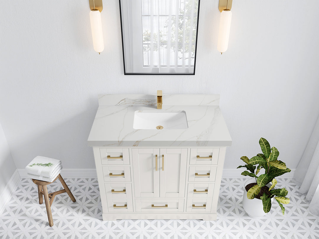 Boston 42 in. W x 22 in. D Single Sink Bathroom Vanity in Alabaster with 2 in Calacatta Sienna Quartz Countertop - Top View