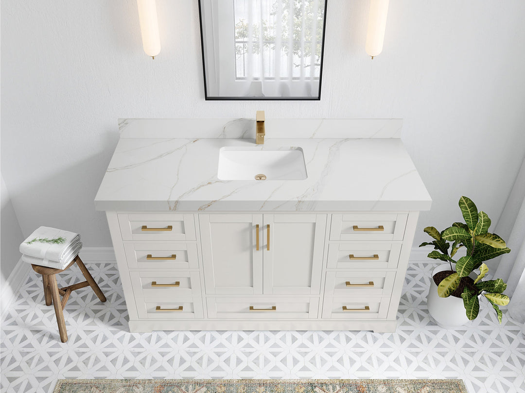 Boston 60 in. W x 22 in. D Single Sink Bathroom Vanity in Alabaster with 2 in Calacatta Sienna Quartz Countertop - Top View