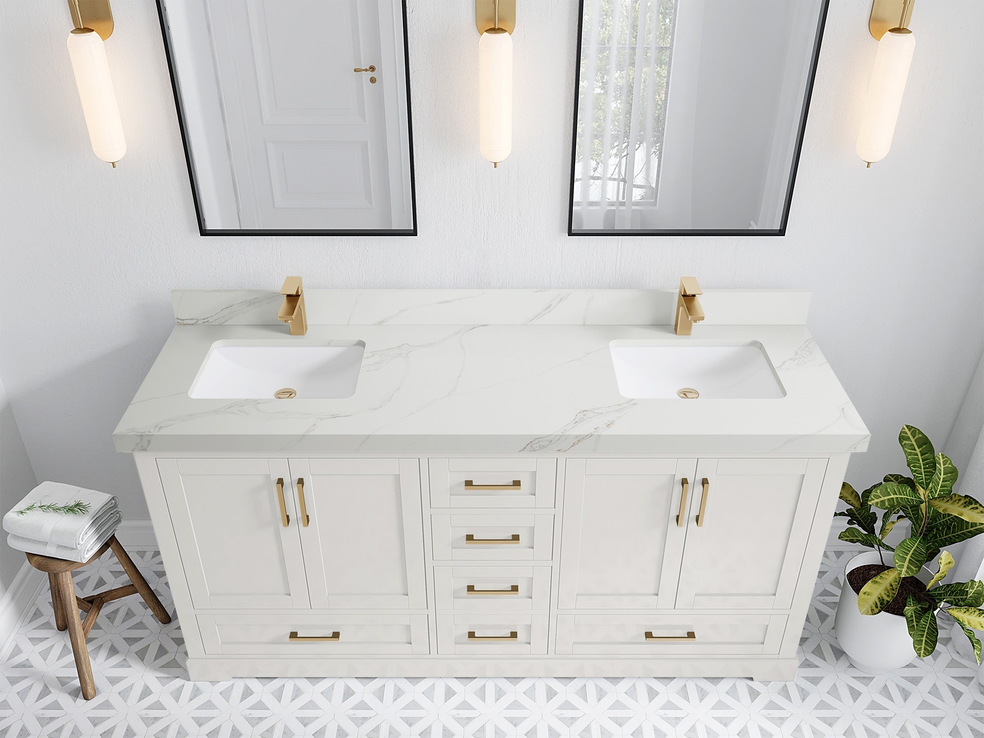Boston 72 in. W x 22 in. D Double Sink Bathroom Vanity in Alabaster with 2 in Calacatta Sienna Quartz Countertop - Top View