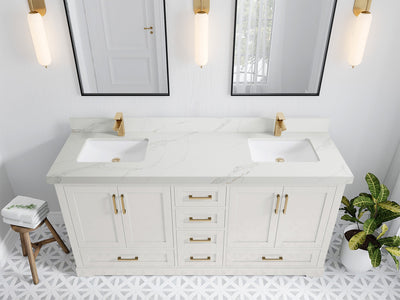Boston 72 in. W x 22 in. D Double Sink Bathroom Vanity in Alabaster with 2 in Calacatta Sienna Quartz Countertop - Top View