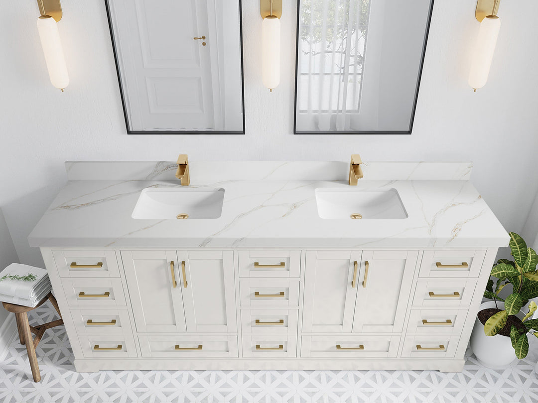 Boston 84 in. W x 22 in. D Double Sink Bathroom Vanity in Alabaster with 2 in Calacatta Sienna Quartz Countertop - Top View