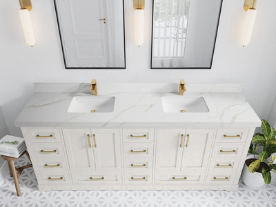 Boston 84 in. W x 22 in. D Double Sink Bathroom Vanity in Alabaster with 2 in Calacatta Sienna Quartz Countertop - Top View