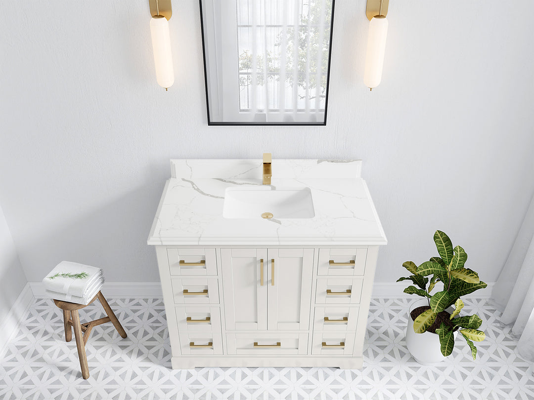 Boston 42 in. W x 22 in. D Single Sink Bathroom Vanity in Alabaster with 1.5 in Double Cove Edge Calacatta Laza Quartz Countertop - Top View