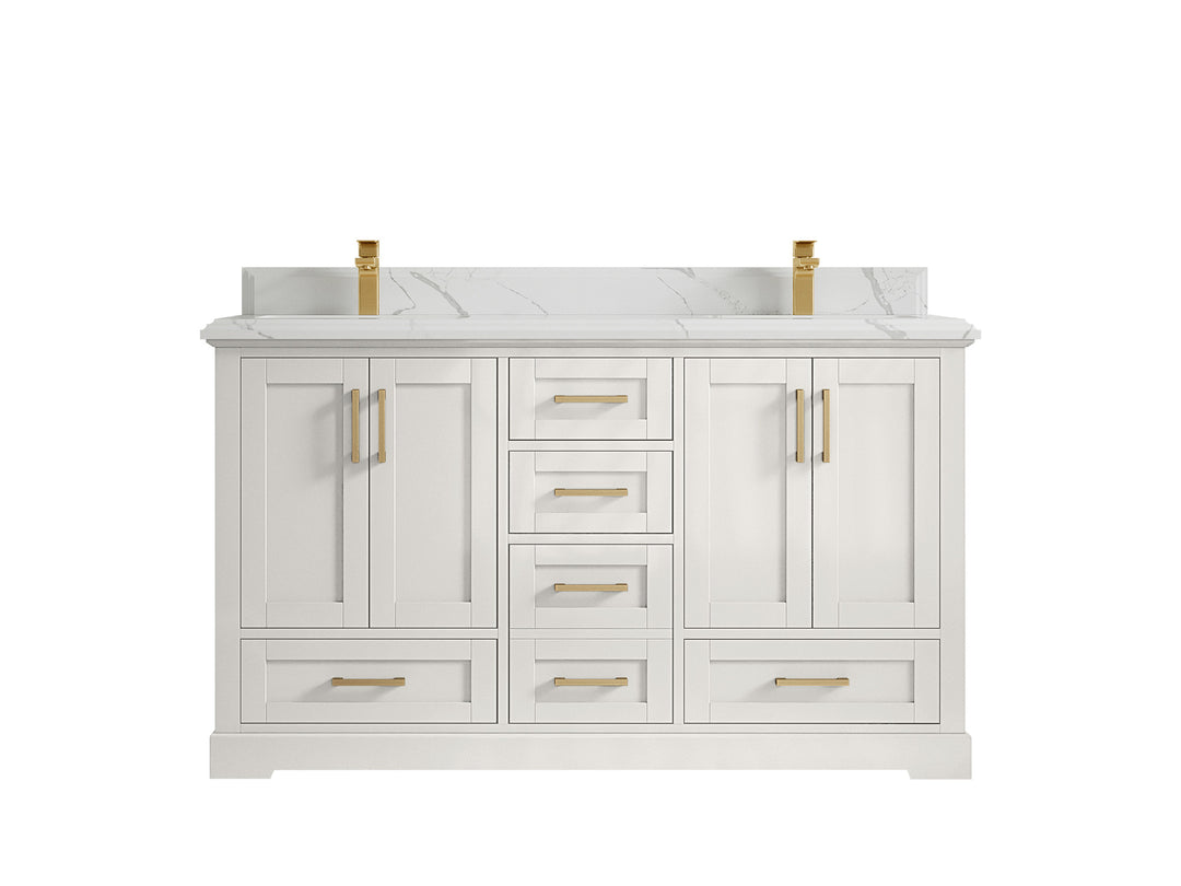 Boston 60 in. W x 22 in. D Double Sink Bathroom Vanity in Alabaster with 1.5 in Double Cove Edge Calacatta Laza Countertop