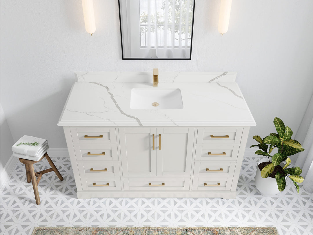 Boston 60 in. W x 22 in. D Single Sink Bathroom Vanity in Alabaster with 1.5 in Double Cove Edge Calacatta Laza Quartz Countertop - Top View