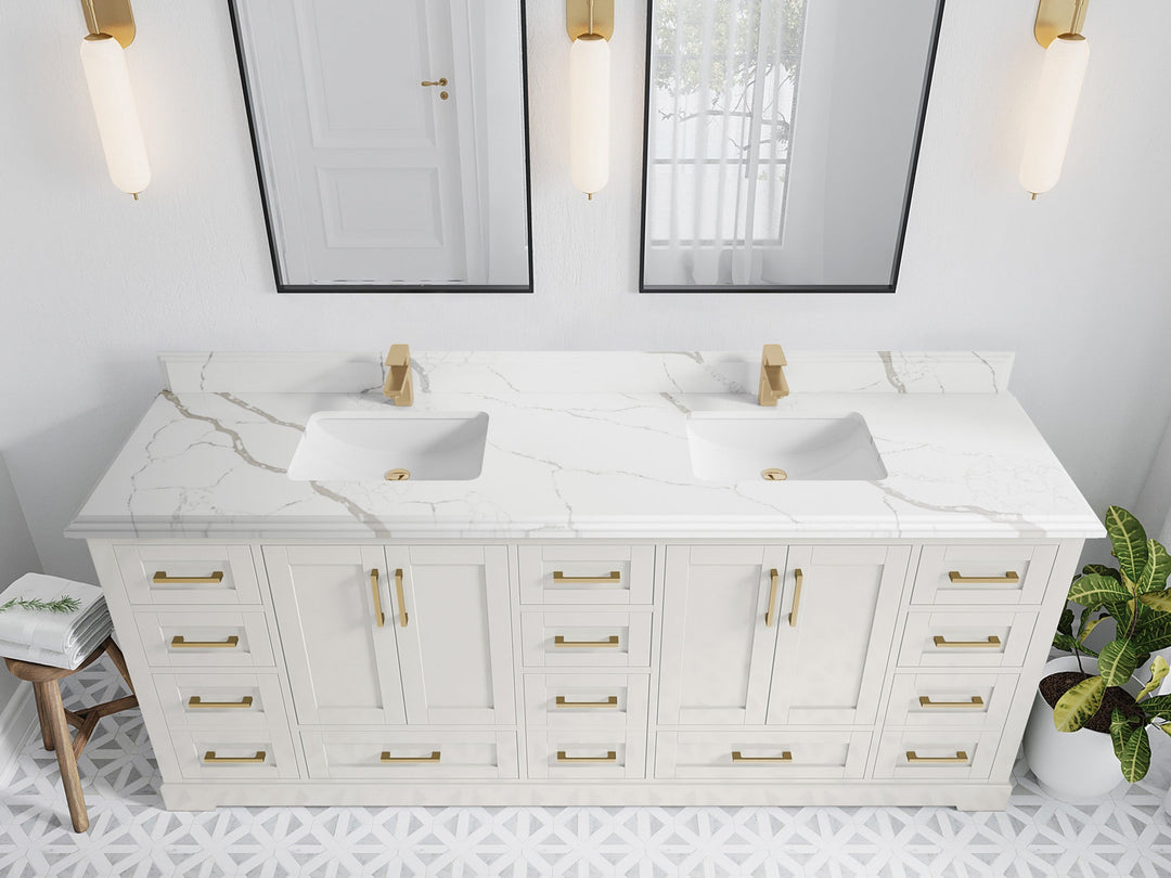 Boston 84 in. W x 22 in. D Double Sink Bathroom Vanity in Alabaster with 1.5 in Double Cove Edge Calacatta Laza Quartz Countertop - Top View