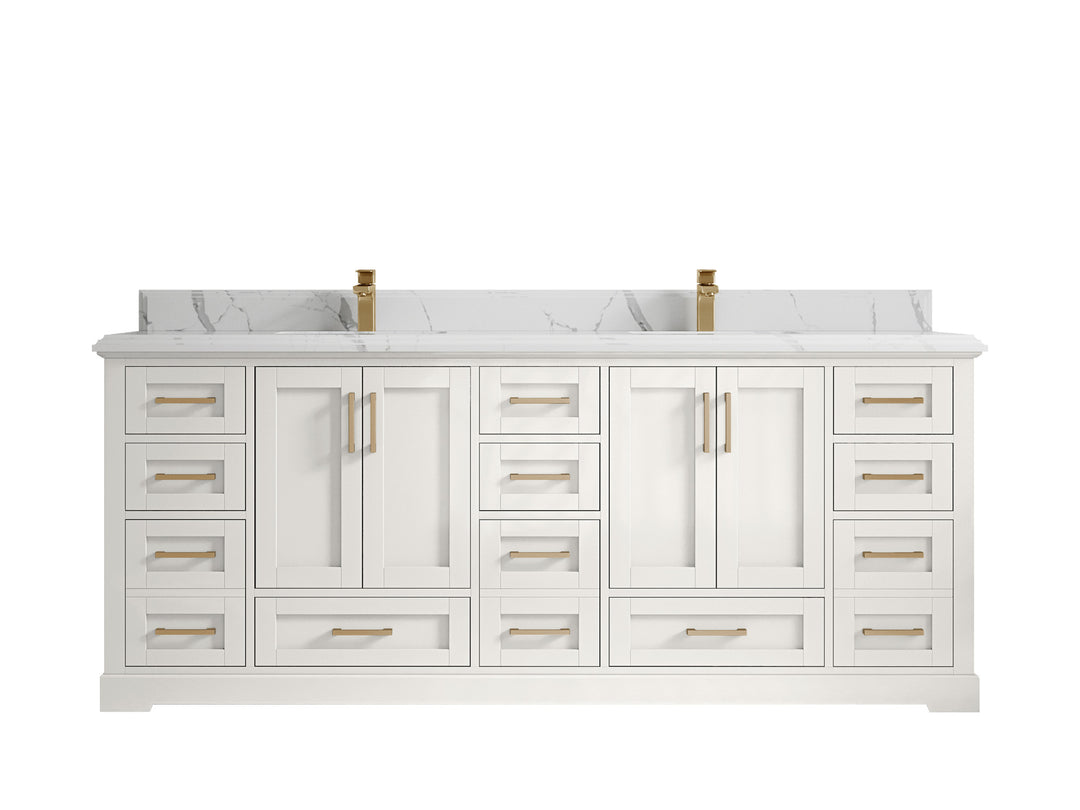 Boston 84 in. W x 22 in. D Double Sink Bathroom Vanity in Alabaster with 1.5 in Double Cove Edge Calacatta Laza Countertop