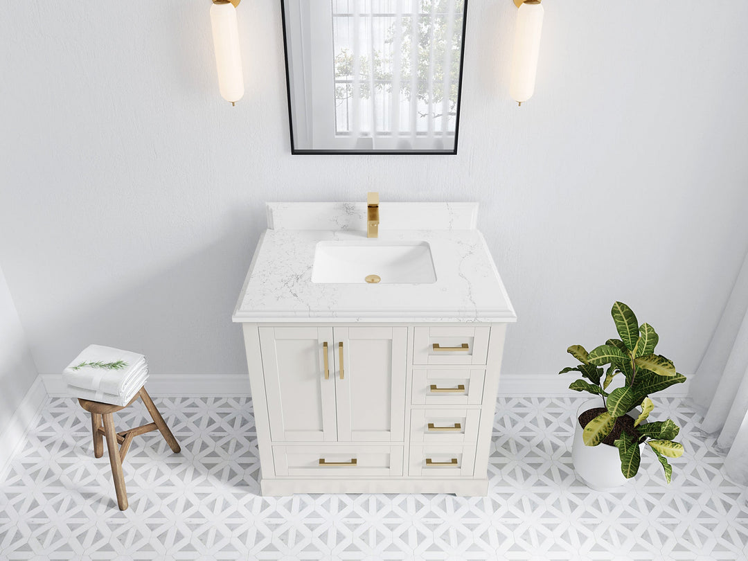 Boston 36 in. W x 22 in. D Single Sink Bathroom Vanity in Alabaster with 1.5 in Double Cove Edge Empira White Quartz Countertop - Top View