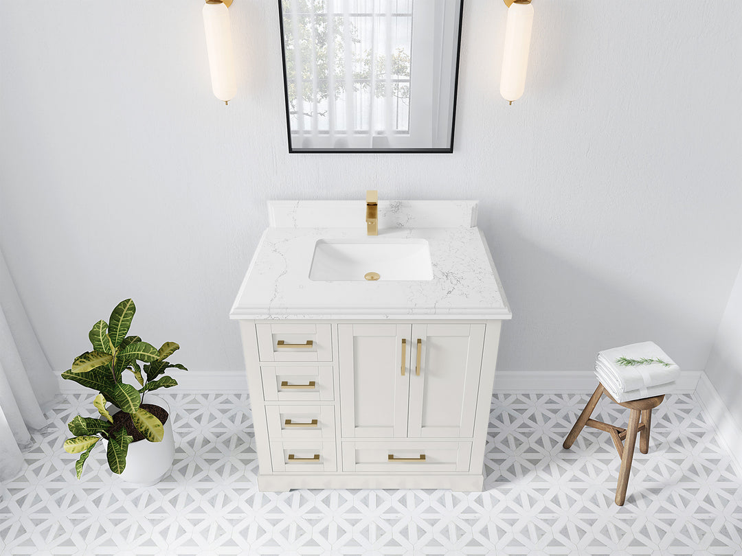 Boston 36 in. W x 22 in. D Single Sink Bathroom Vanity in Alabaster with 1.5 in Double Cove Edge Empira White Quartz Countertop - Top View