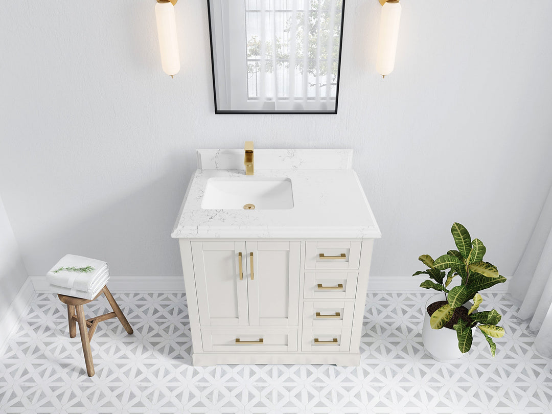 Boston 36 in. W x 22 in. D Single Sink Bathroom Vanity in Alabaster with 1.5 in Double Cove Edge Empira White Quartz Countertop - Top View