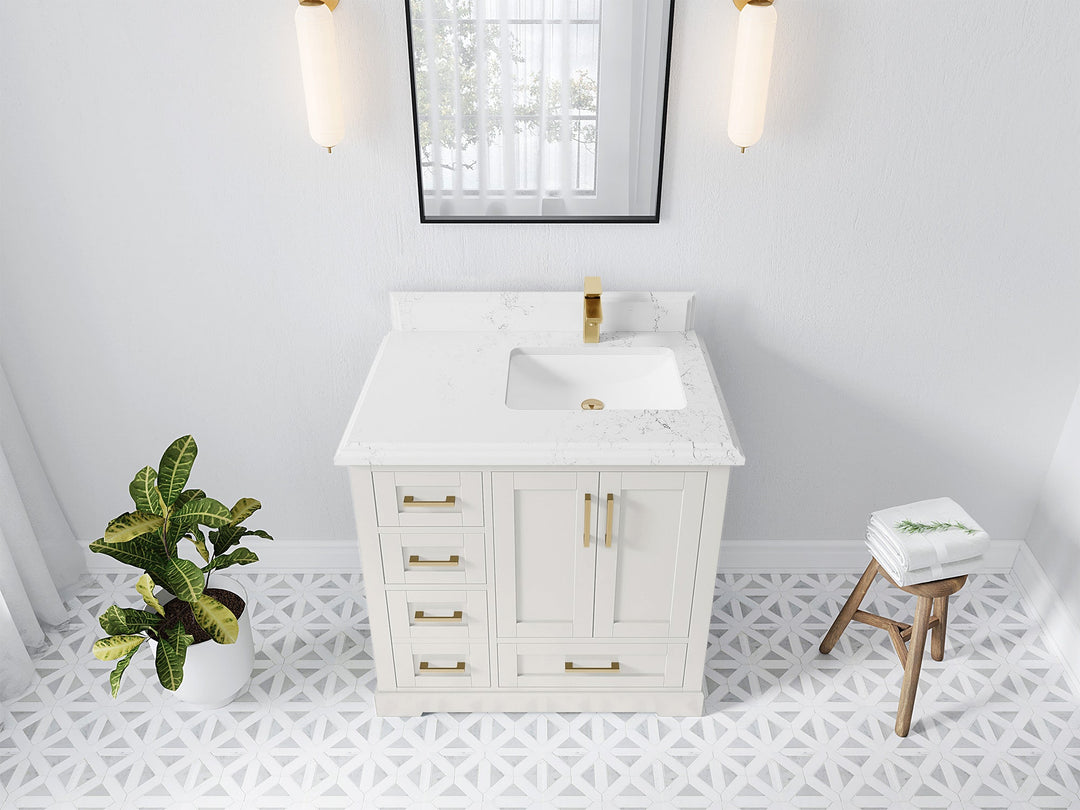 Boston 36 in. W x 22 in. D Single Sink Bathroom Vanity in Alabaster with 1.5 in Double Cove Edge Empira White Quartz Countertop - Top View