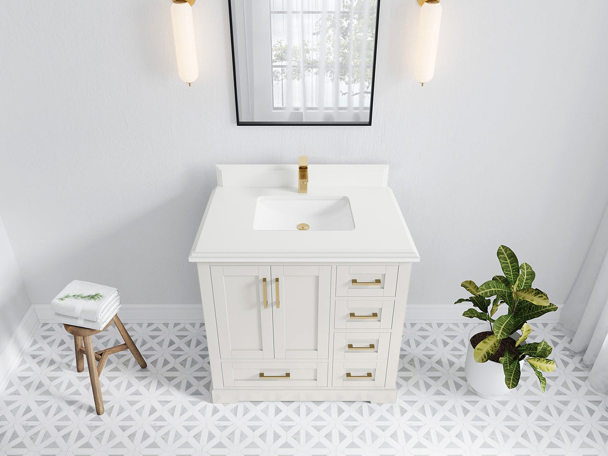Boston 36 in. W x 22 in. D Single Sink Bathroom Vanity in Alabaster with 1.5 in Double Cove Edge White Quartz Countertop - Top View