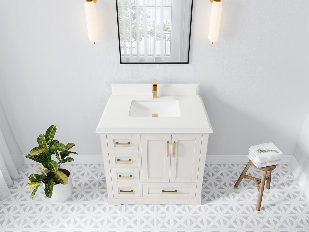 Boston 36 in. W x 22 in. D Single Sink Bathroom Vanity in Alabaster with 1.5 in Double Cove Edge White Quartz Countertop - Top View