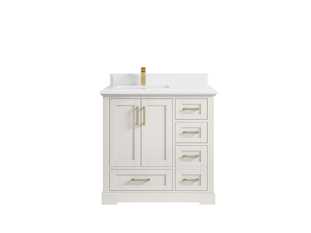 Boston 36 in. W x 22 in. D Single Sink Bathroom Vanity in Alabaster with 1.5 in Double Cove Edge White Quartz Countertop