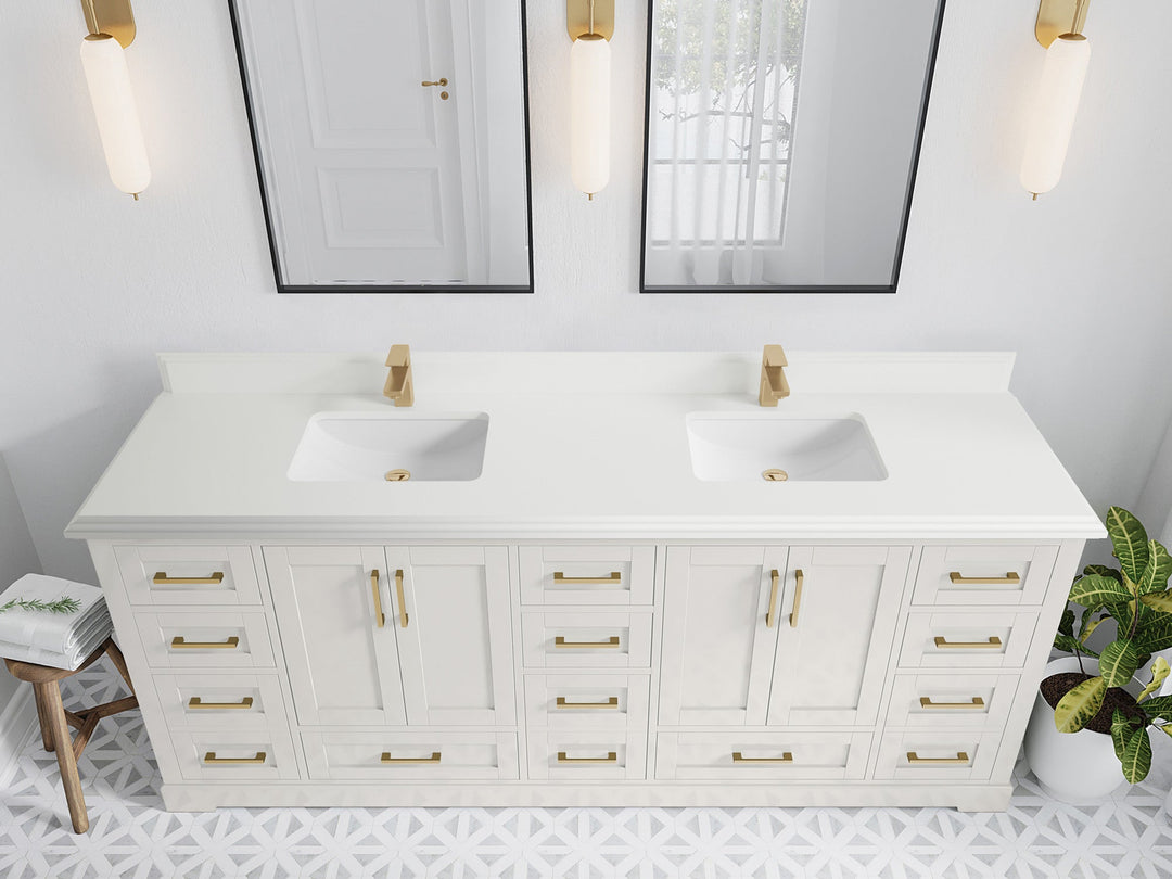Boston 84 in. W x 22 in. D Double Sink Bathroom Vanity in Alabaster with 1.5 in Double Cove Edge White Quartz Countertop - Top View