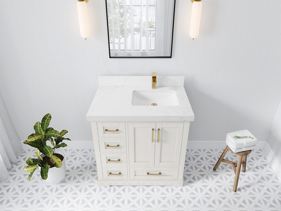 Boston 36 in. W x 22 in. D Single Sink Bathroom Vanity in Alabaster with 2 in Empira White Quartz Countertop - Top View