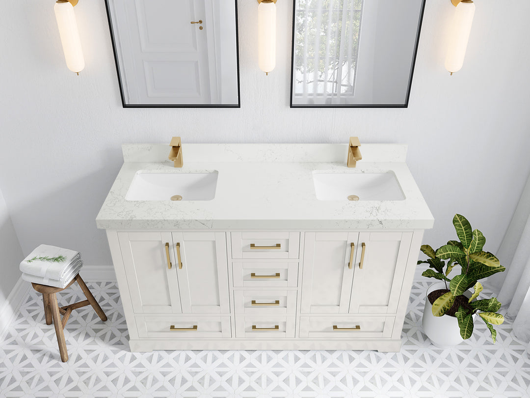 Boston 60 in. W x 22 in. D Double Sink Bathroom Vanity in Alabaster with 2 in Empira White Quartz Countertop - Top View
