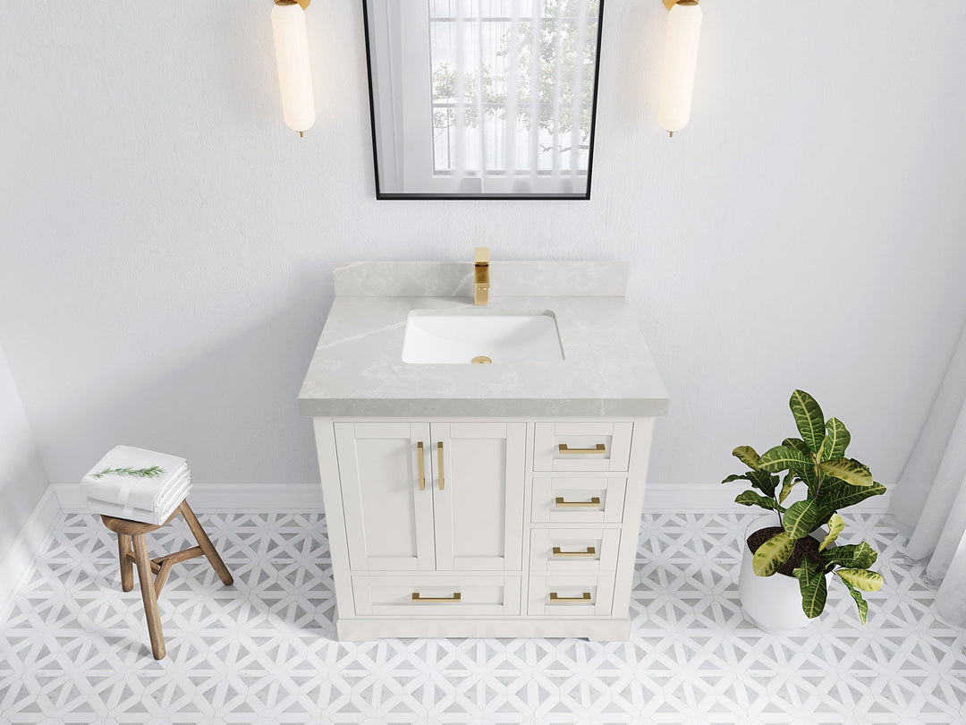 Boston 36 in. W x 22 in. D Single Sink Bathroom Vanity in Alabaster with 2 in Pearl Light Gray Quartz Countertop - Top View