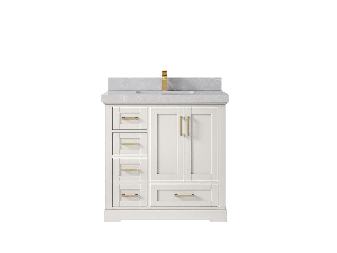 Boston 36 in. W x 22 in. D Single Sink Bathroom Vanity in Alabaster with 2 in Pearl Light Gray Countertop