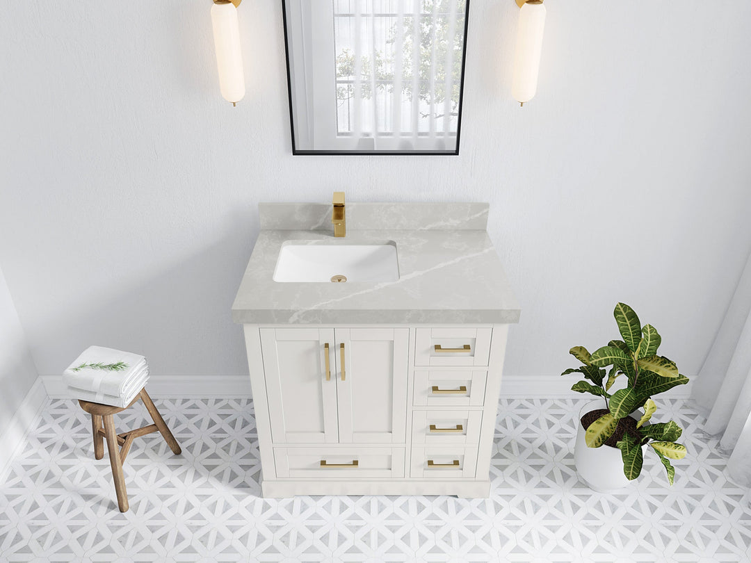 Boston 36 in. W x 22 in. D Single Sink Bathroom Vanity in Alabaster with 2 in Pearl Light Gray Quartz Countertop - Top View