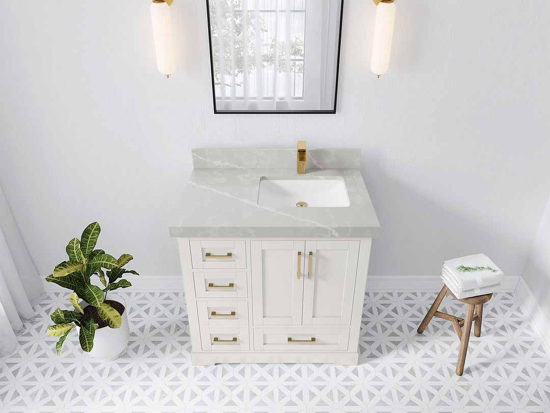 Boston 36 in. W x 22 in. D Single Sink Bathroom Vanity in Alabaster with 2 in Pearl Light Gray Quartz Countertop - Top View