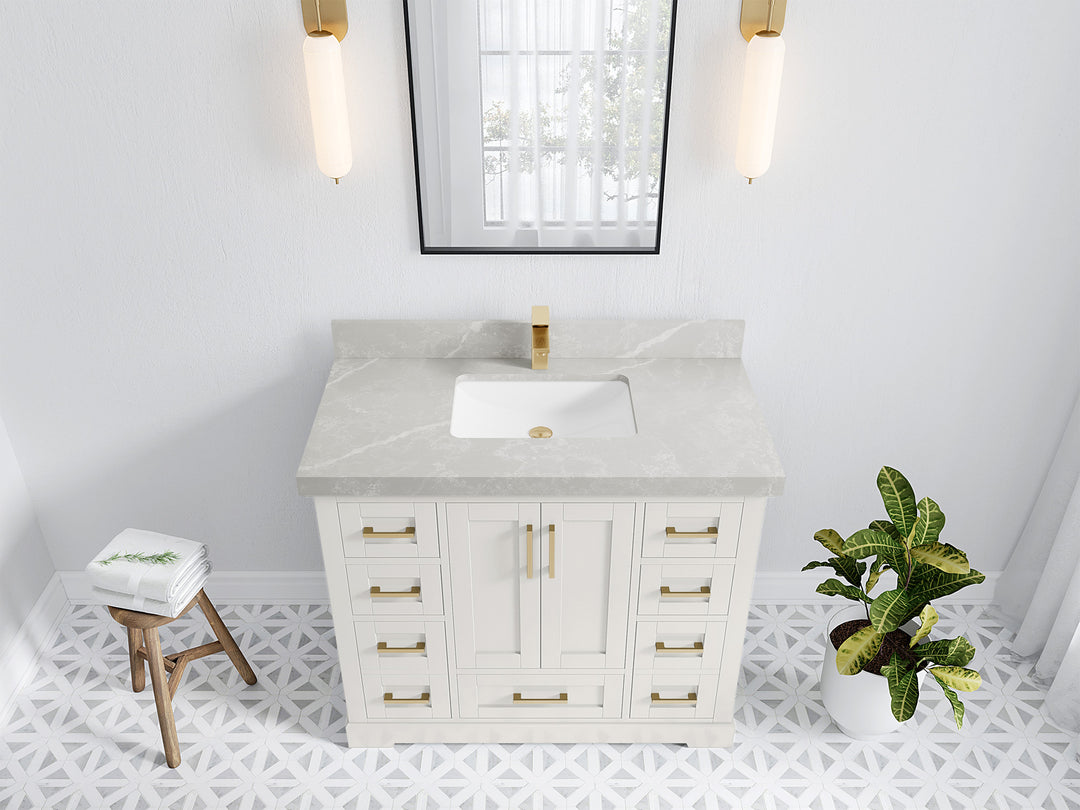 Boston 42 in. W x 22 in. D Single Sink Bathroom Vanity in Alabaster with 2 in Pearl Light Gray Quartz Countertop - Top View