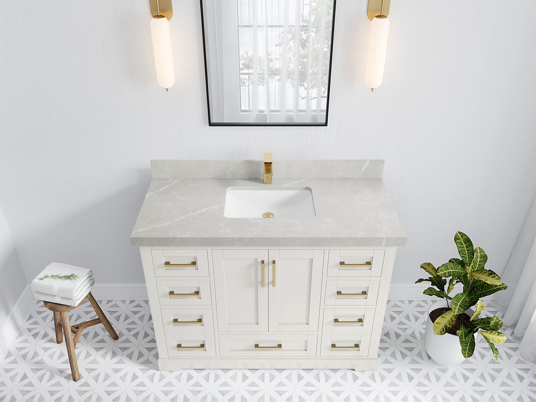 Boston 48 in. W x 22 in. D Single Sink Bathroom Vanity in Alabaster with 2 in Pearl Light Gray Quartz Countertop - Top View