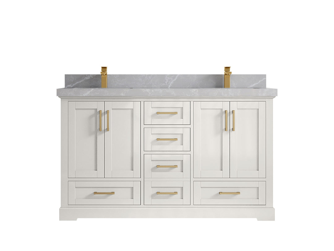 Boston 60 in. W x 22 in. D Double Sink Bathroom Vanity in Alabaster with 2 in Pearl Light Gray Countertop