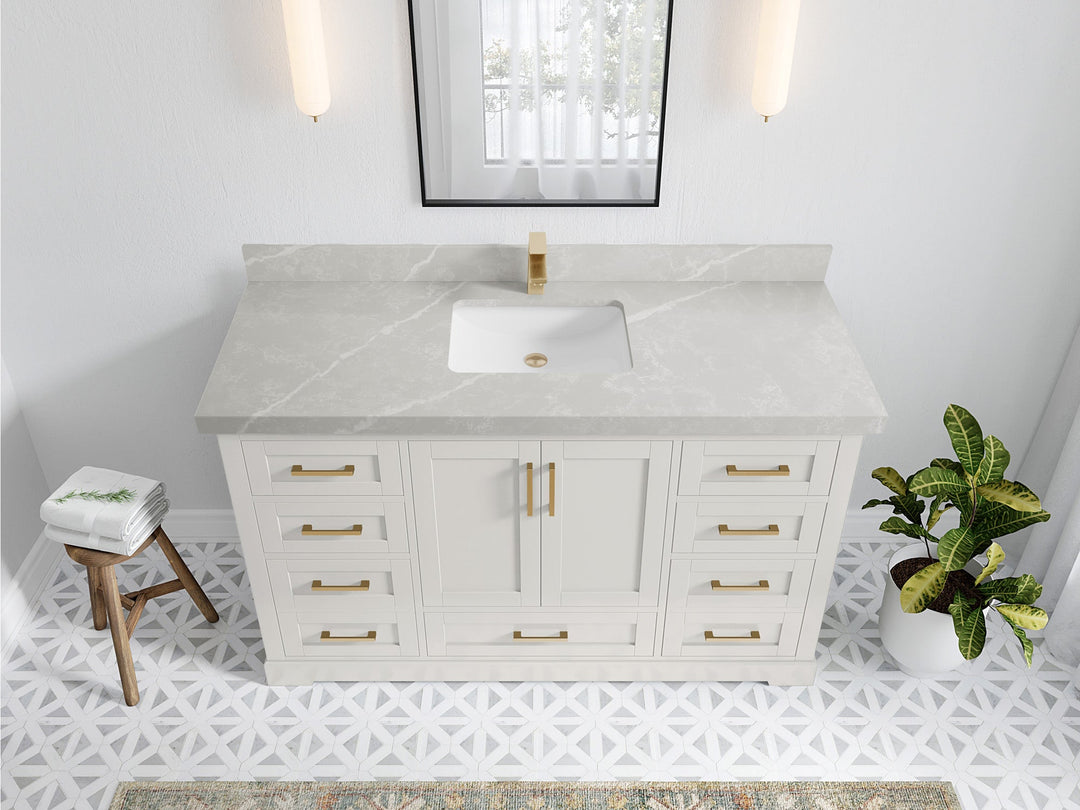 Boston 60 in. W x 22 in. D Single Sink Bathroom Vanity in Alabaster with 2 in Pearl Light Gray Quartz Countertop - Top View