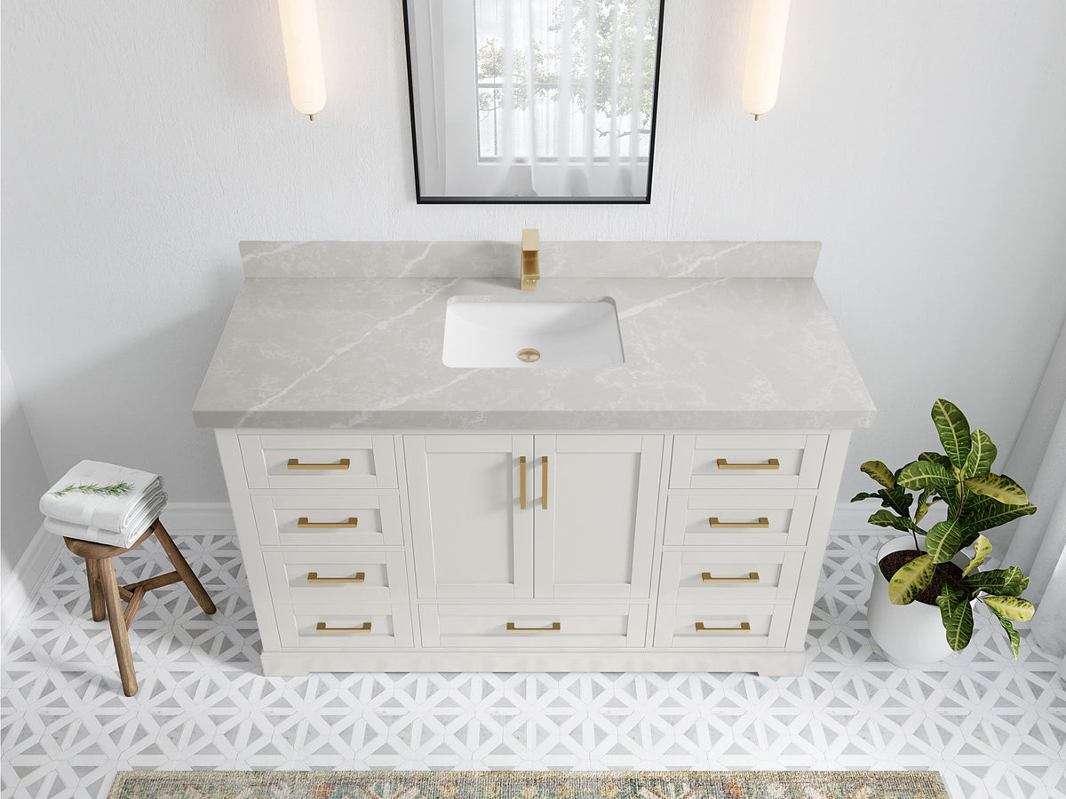 Boston 60 in. W x 22 in. D Single Sink Bathroom Vanity in Alabaster with 2 in Pearl Light Gray Quartz Countertop - Top View