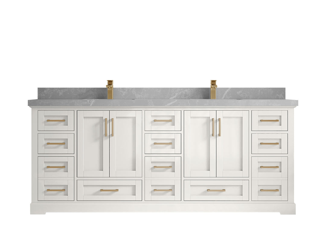 Boston 84 in. W x 22 in. D Double Sink Bathroom Vanity in Alabaster with 2 in Pearl Light Gray Countertop