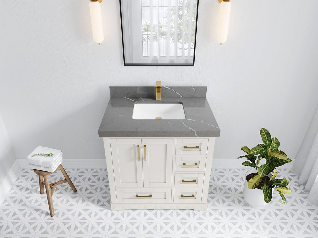 Boston 36 in. W x 22 in. D Single Sink Bathroom Vanity in Alabaster with 2 in Piatra Gray Quartz Countertop - Top View