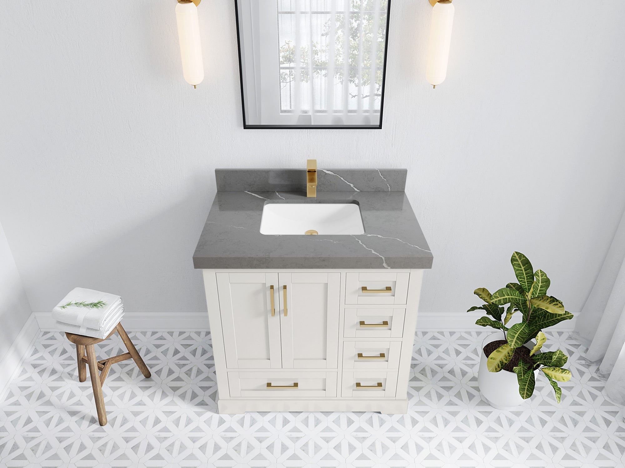 Boston 36 in. W x 22 in. D Single Sink Bathroom Vanity in Alabaster with 2 in Piatra Gray Quartz Countertop - Top View