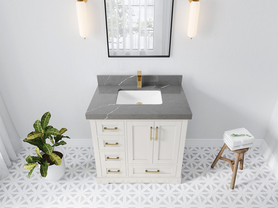 Boston 36 in. W x 22 in. D Single Sink Bathroom Vanity in Alabaster with 2 in Piatra Gray Quartz Countertop - Top View