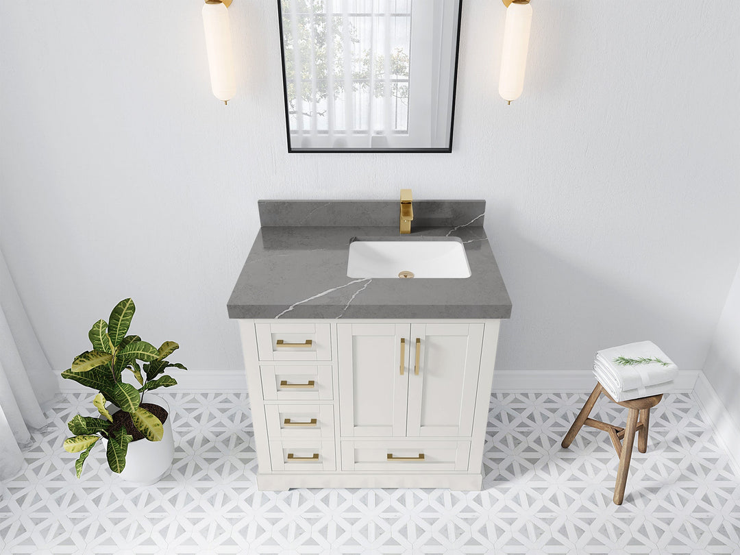 Boston 36 in. W x 22 in. D Single Sink Bathroom Vanity in Alabaster with 2 in Piatra Gray Quartz Countertop - Top View