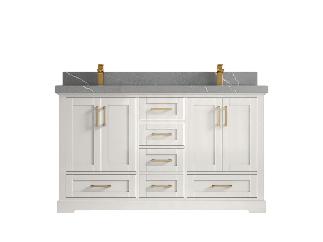 Boston 60 in. W x 22 in. D Double Sink Bathroom Vanity in Alabaster with 2 in Piatra Gray Quartz Countertop