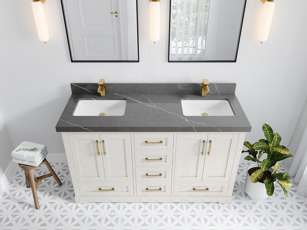 Boston 60 in. W x 22 in. D Double Sink Bathroom Vanity in Alabaster with 2 in Piatra Gray Quartz Countertop - Top View
