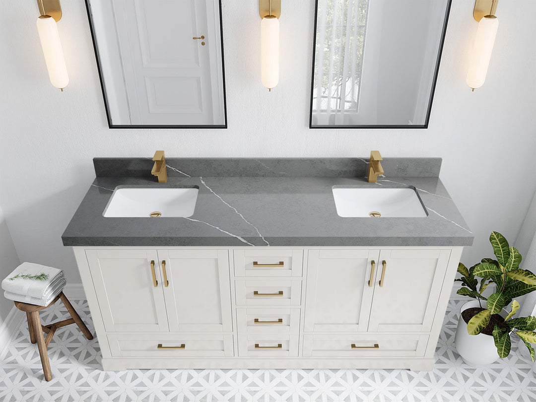 Boston 72 in. W x 22 in. D Double Sink Bathroom Vanity in Alabaster with 2 in Piatra Gray Quartz Countertop - Top View