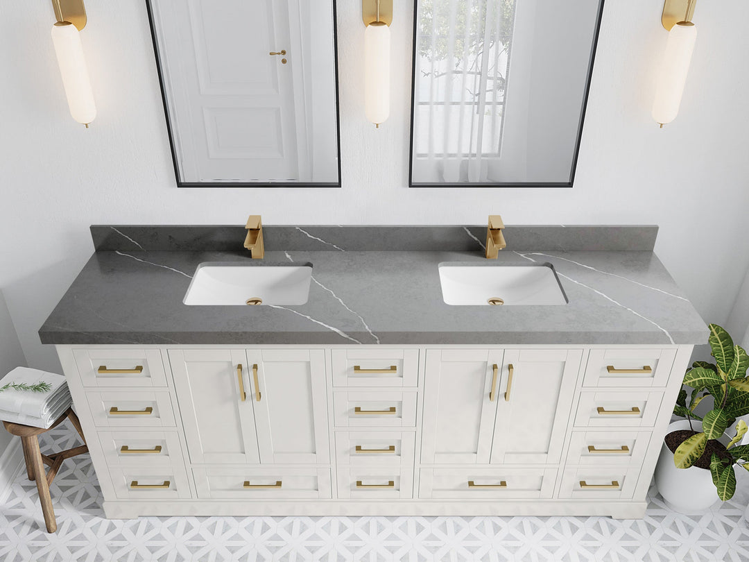 Boston 84 in. W x 22 in. D Double Sink Bathroom Vanity in Alabaster with 2 in Piatra Gray Quartz Countertop - Top View