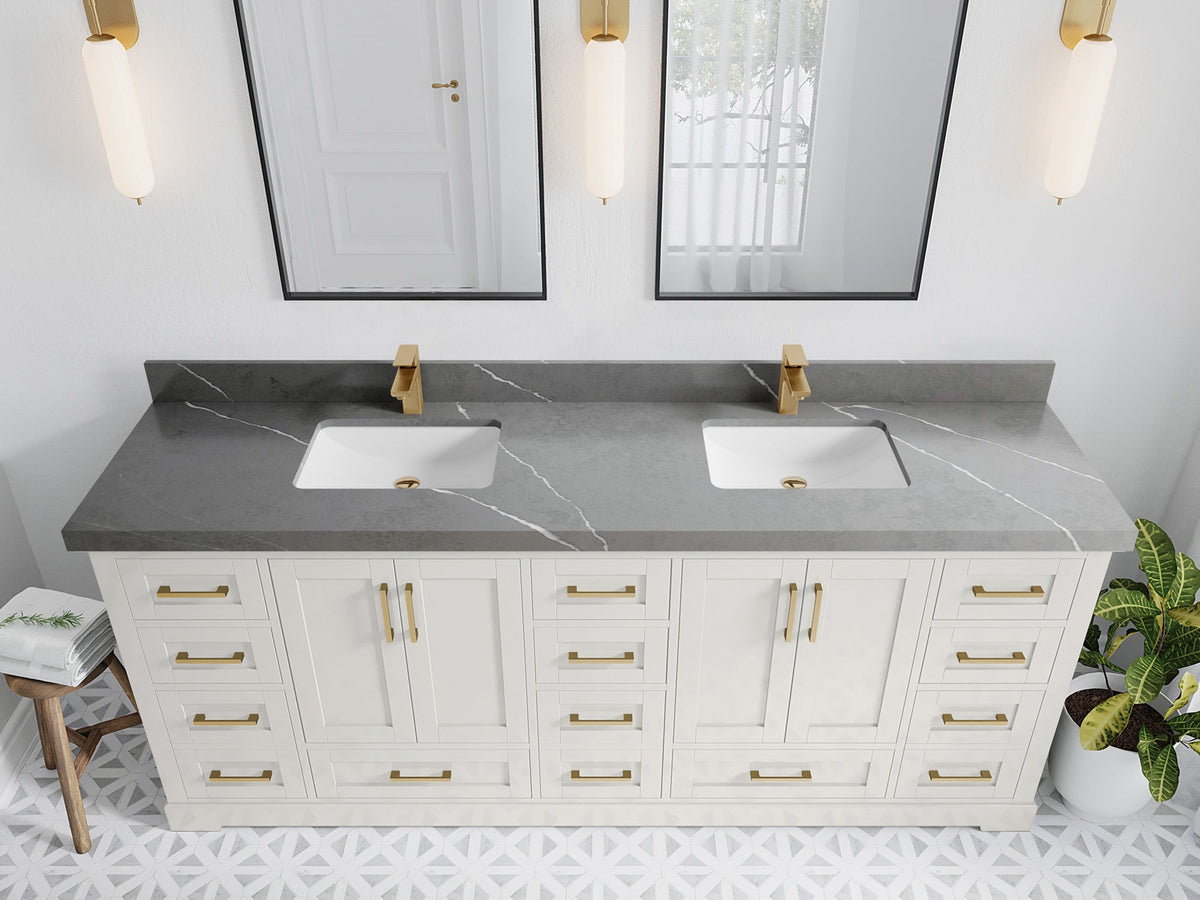 Boston 84 in. W x 22 in. D Double Sink Bathroom Vanity in Alabaster with 2 in Piatra Gray Quartz Countertop - Top View