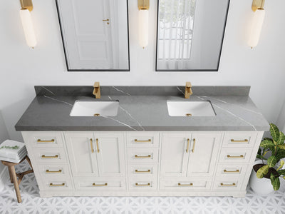 Boston 84 in. W x 22 in. D Double Sink Bathroom Vanity in Alabaster with 2 in Piatra Gray Quartz Countertop - Top View