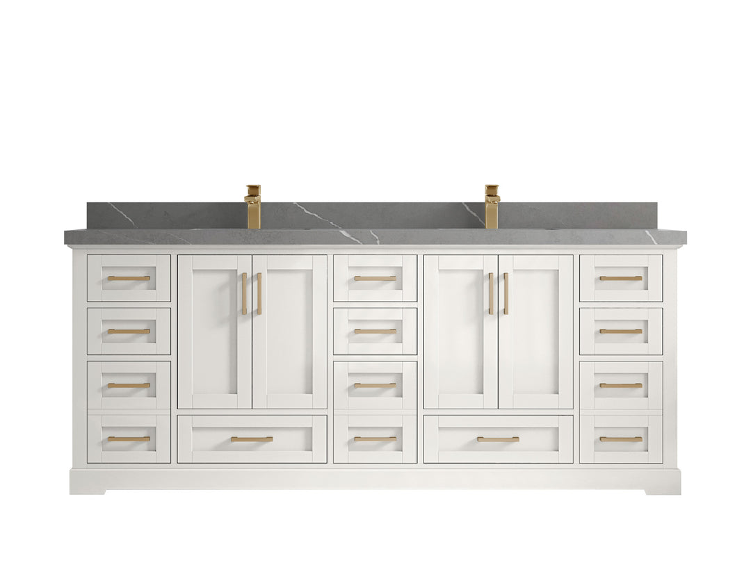 Boston 84 in. W x 22 in. D Double Sink Bathroom Vanity in Alabaster with 2 in Piatra Gray Quartz Countertop