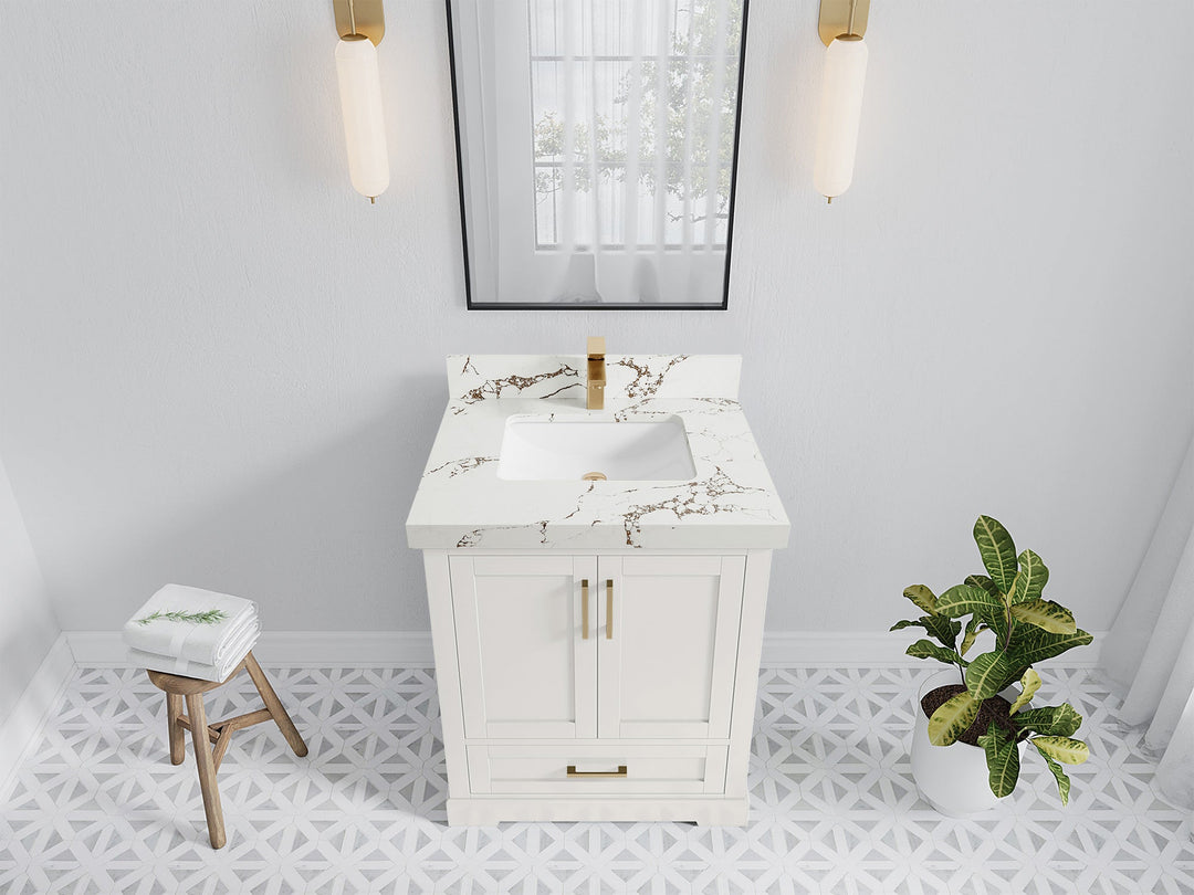 Boston 30 in. W x 22 in. D Single Sink Bathroom Vanity in Alabaster with 2 in Viola Brown Quartz Countertop - Top View