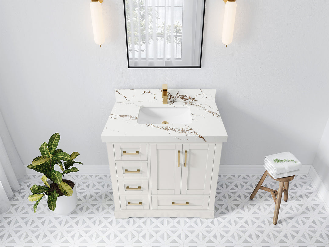 Boston 36 in. W x 22 in. D Single Sink Bathroom Vanity in Alabaster with 2 in Viola Brown Quartz Countertop - Top View