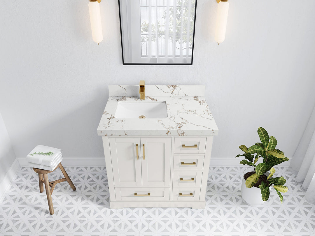 Boston 36 in. W x 22 in. D Single Sink Bathroom Vanity in Alabaster with 2 in Viola Brown Quartz Countertop - Top View