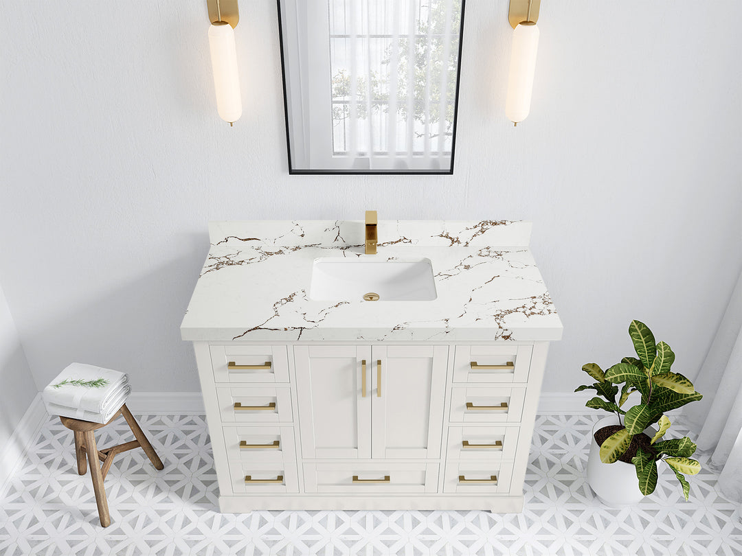 Boston 48 in. W x 22 in. D Single Sink Bathroom Vanity in Alabaster with 2 in Viola Brown Quartz Countertop - Top View