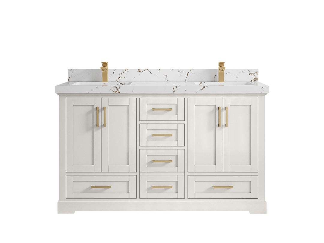 Boston 60 in. W x 22 in. D Double Sink Bathroom Vanity in Alabaster with 2 in Viola Brown Quartz Countertop