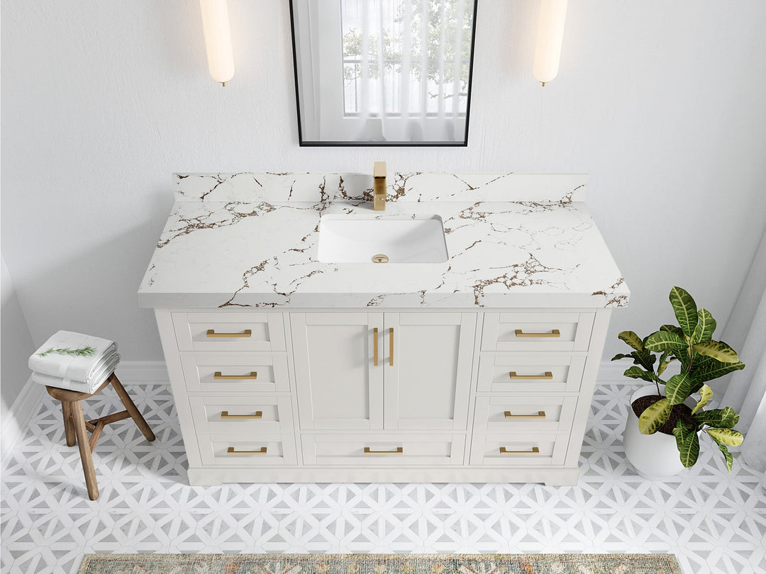 Boston 60 in. W x 22 in. D Single Sink Bathroom Vanity in Alabaster with 2 in Viola Brown Quartz Countertop - Top View