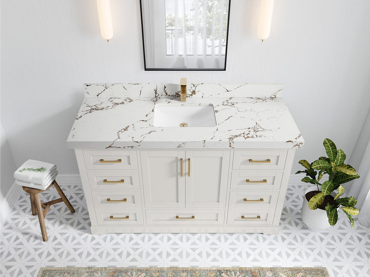 Boston 60 in. W x 22 in. D Single Sink Bathroom Vanity in Alabaster with 2 in Viola Brown Quartz Countertop - Top View
