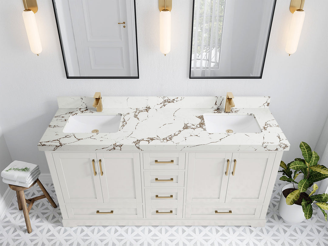 Boston 72 in. W x 22 in. D Double Sink Bathroom Vanity in Alabaster with 2 in Viola Brown Quartz Countertop - Top View